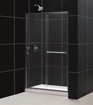DreamLine Infinity-Z Frameless Sliding Shower Door, 36" by 48" Single Threshold Shower Base and QWALL-5 Shower Backwall Kit