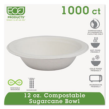 Compostable Sugarcane Dinnerware, 12oz Bowl, White, 1000/Carton